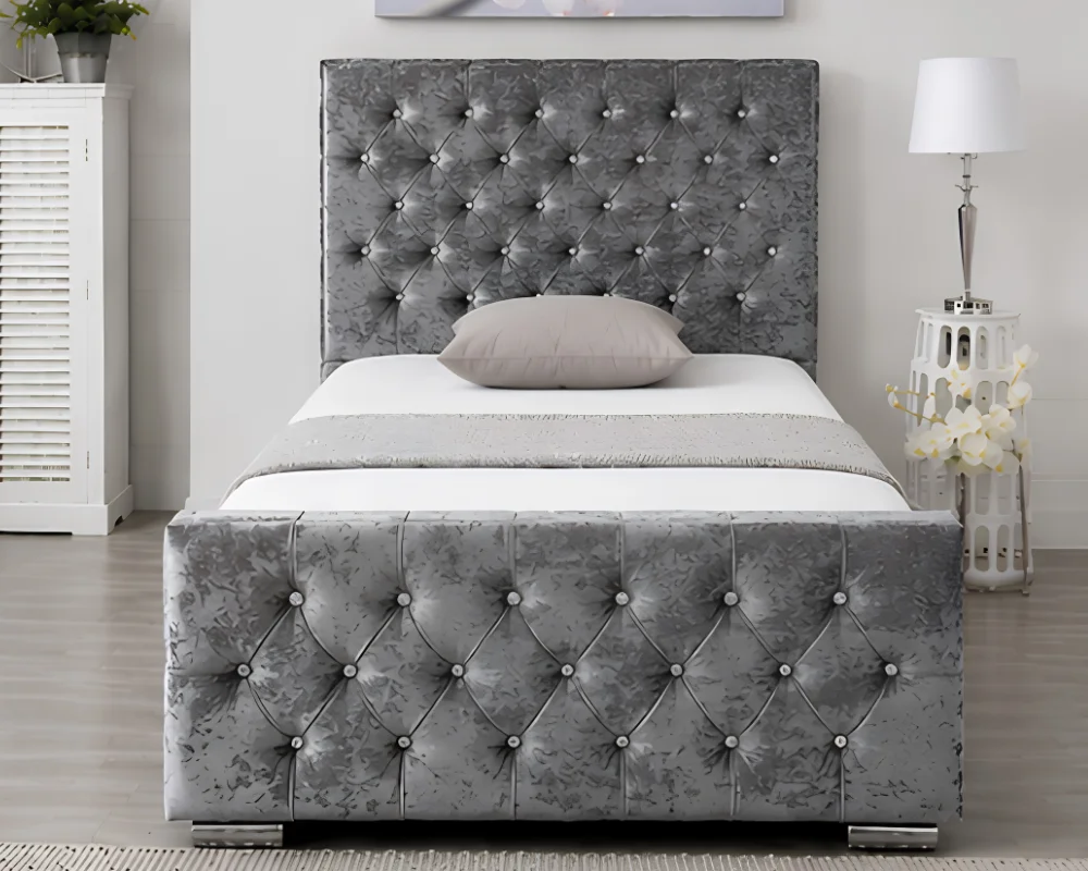Elegant Silver Bed with Headboard and Footboard Silver Velvet Florida Single Bed Frame - 90 × 190 cm Upholstered Bed - Image 1