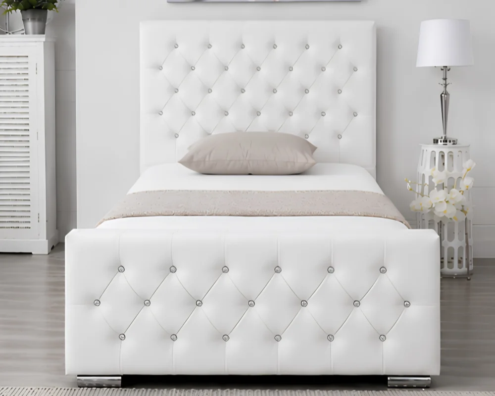 Elegant Upholstered Bed with Buttoned Headboard Elegant White Single Bed Frame -Florida 3ft Upholstered Bed-90 × 190 cm Bed-Bed with Mattress - Image 1