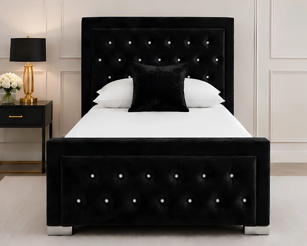 Elegant Velvet Bed Elegant Black Hilton Single Size Bed – Premium Tufted Headboard with Mattress - Image 1