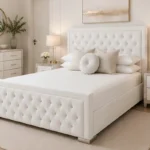 Modern White Hilton 6ft Bed with Mattress – 200 × 200 cm Stylish Padded Headboard