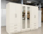 Modern 6 Door Off White Wardrobe with 6 Drawers & Double Mirrors  –  Stylish Bedroom Storage