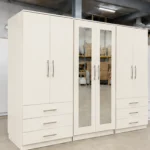 Modern 6 Door Off White Wardrobe with 6 Drawers & Double Mirrors  –  Stylish Bedroom Storage