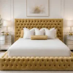 Modern Mustard Gold Ambassador Bed with Padded Headboard & Mattress-160 × 200 cm