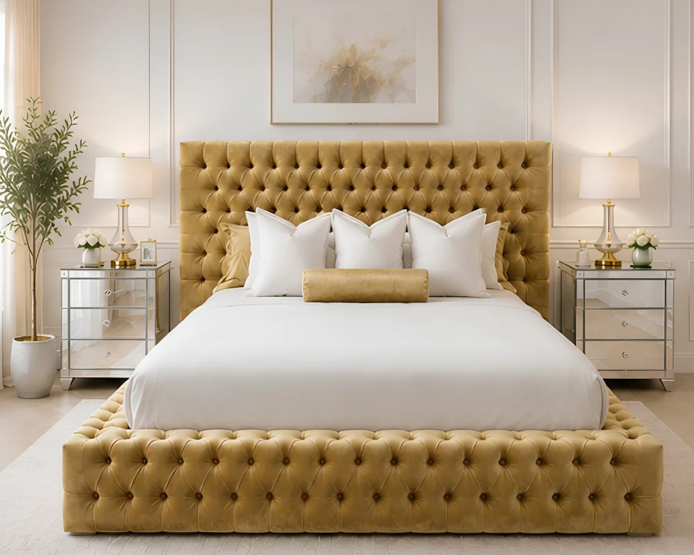 Golden Velvet Bed Frame The Golden Empress – Premium Velvet Super King Bed - Image 1
