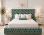 Opulent Sage Green Upholstered Bed – 4ft6 Double with Mattress