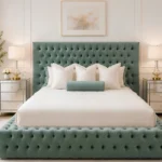 Opulent Sage Green Upholstered Bed – 4ft6 Double with Mattress