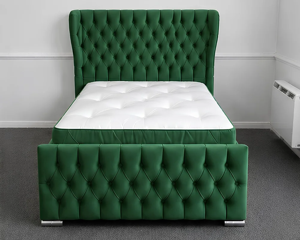 Green Velvet Bed Emerald Green 3ft Oxford Bed – Premium Padded Headboard with Mattress - Image 1