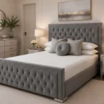 Elegant Grey Hilton Super King Size Bed – 200 × 200 cm with Mattress & Upholstered Frame