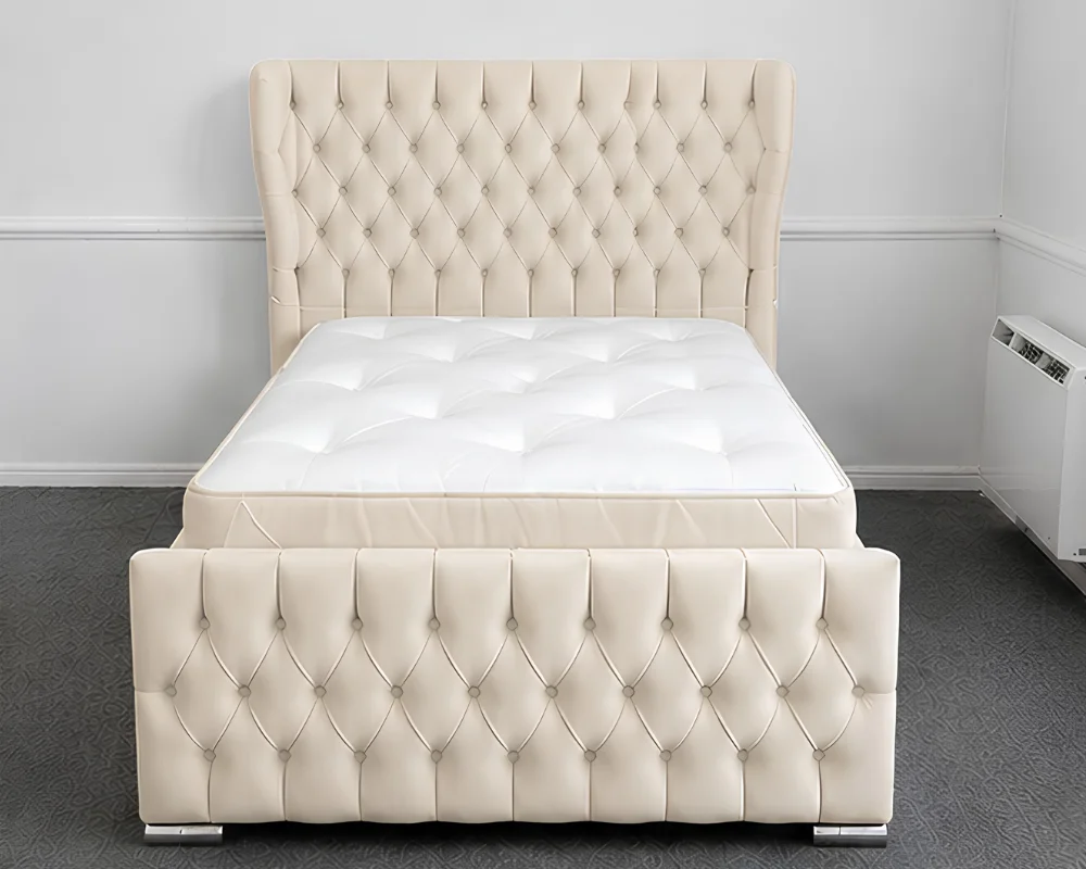 Ivory Velvet Bed Soft Beige 3ft Oxford Bed – Premium Padded Headboard with Mattress - Image 1