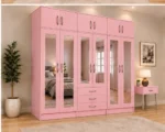 Soft Pink Bedroom Wardrobe – Modern 6 Door Mirrored Storage Design - Image 4