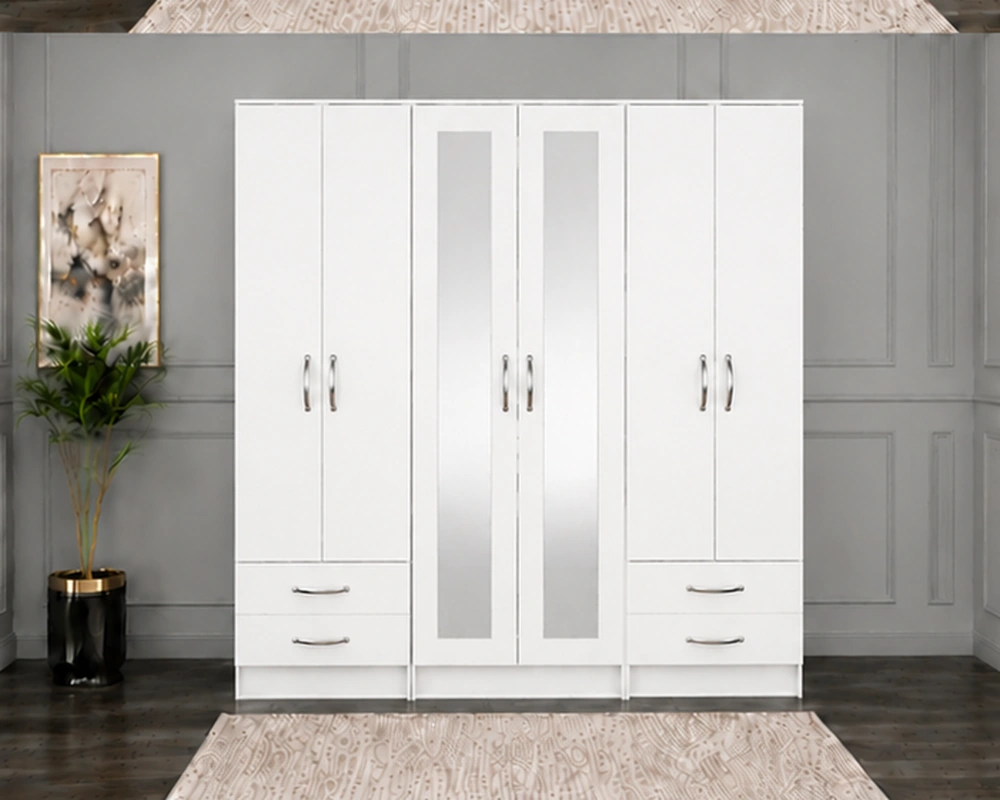 Large 6 Door Wardrobe – Stylish and Practical Storage Premium Bedroom Wardrobe with 6 Doors and Storage Drawers | Contemporary Mirrored Wardrobe for Stylish and Organised Bedrooms - Image 1