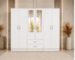 Spacious 6 Door Wardrobe with Center Mirrors and Built-In Drawers