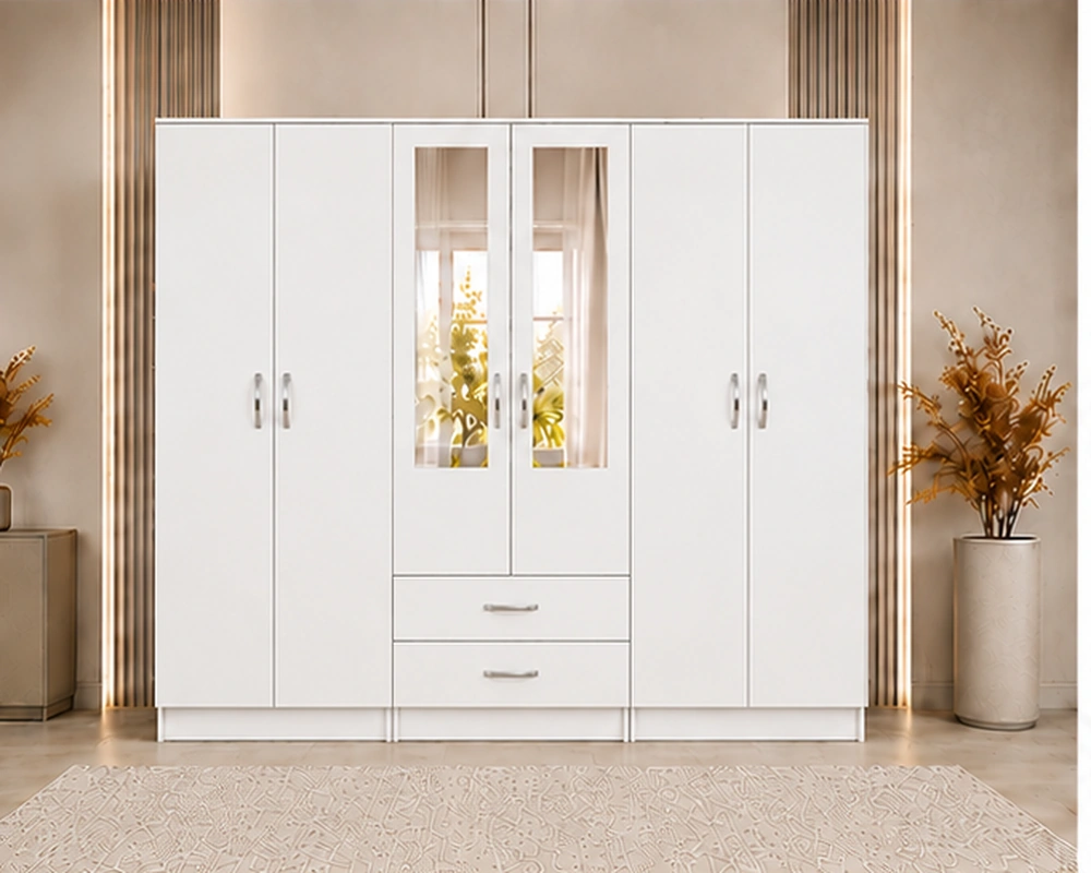 Large Bedroom Wardrobe with 6 Doors, Mirrors and Drawers Spacious 6 Door Wardrobe with Center Mirrors and Built-In Drawers - Image 1