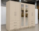 Modern 6 Door Beige Wardrobe with 6 Drawers & Double Mirrors –  Stylish Bedroom Storage