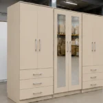 Modern 6 Door Beige Wardrobe with 6 Drawers & Double Mirrors –  Stylish Bedroom Storage