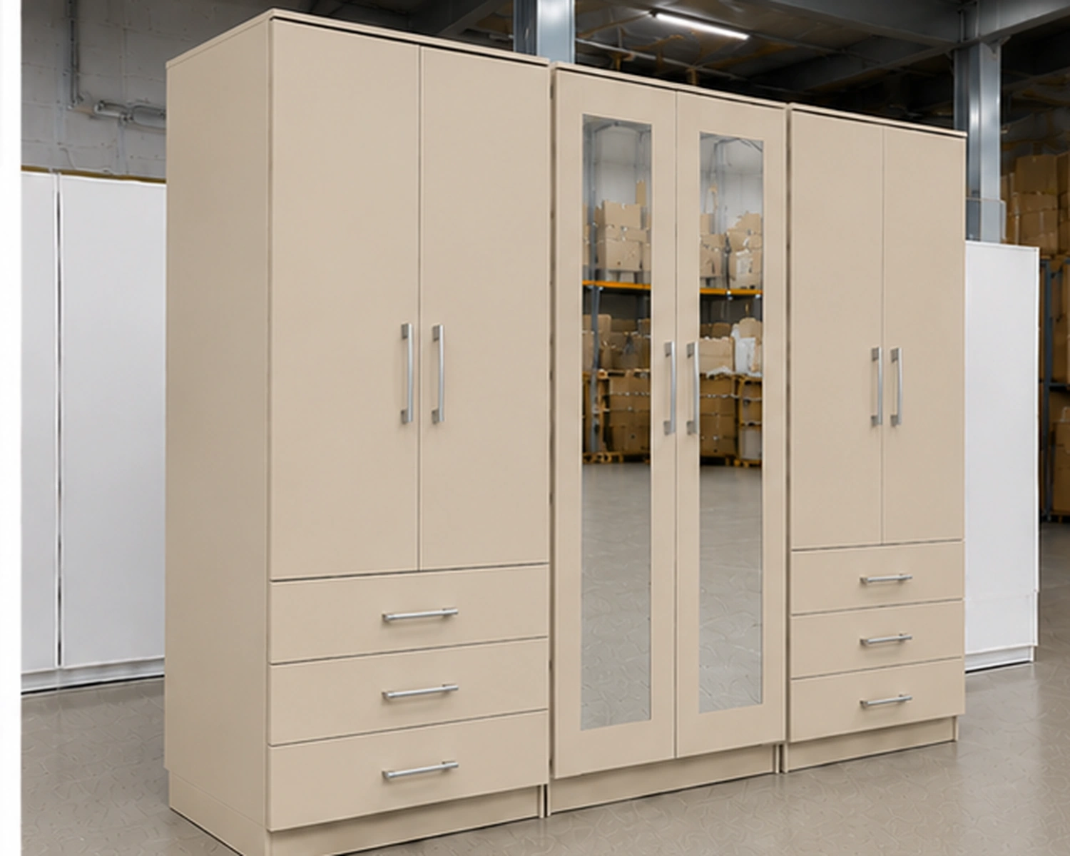 Large Beige Bedroom Wardrobe with Central Mirror Doors Modern 6 Door Beige Wardrobe with 6 Drawers & Double Mirrors – Stylish Bedroom Storage - Image 1