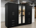 Modern 6 Door Black Wardrobe with 3 Drawers & Double Mirrors  –  Stylish Bedroom Storage