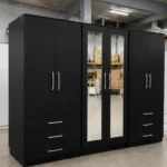 Modern 6 Door Black Wardrobe with 3 Drawers & Double Mirrors  –  Stylish Bedroom Storage