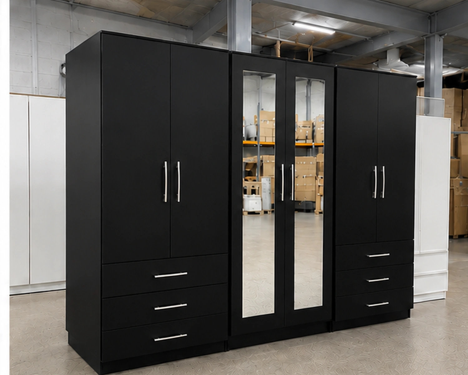 Large Black Bedroom Wardrobe with Central Mirror Doors Modern 6 Door Black Wardrobe with 3 Drawers & Double Mirrors – Stylish Bedroom Storage - Image 1