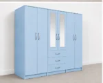 Modern 6 Door Blue Wardrobe with 3 Drawers & 2 Mirrors  –  Stylish Bedroom Wardrobe