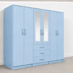 Modern 6 Door Blue Wardrobe with 3 Drawers & 2 Mirrors  –  Stylish Bedroom Wardrobe