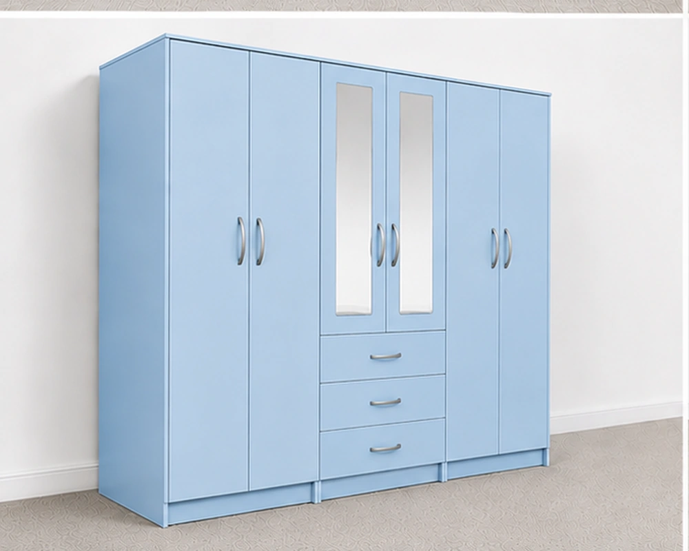 Large Blue 6-Door Wardrobe with Central Drawers Modern 6 Door Blue Wardrobe with 3 Drawers & 2 Mirrors – Stylish Bedroom Wardrobe - Image 1