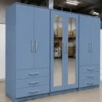 6 Door Blue Wooden Wardrobe with 6 Drawers & 2 Mirrors –  Modern Bedroom Storage Cabinet