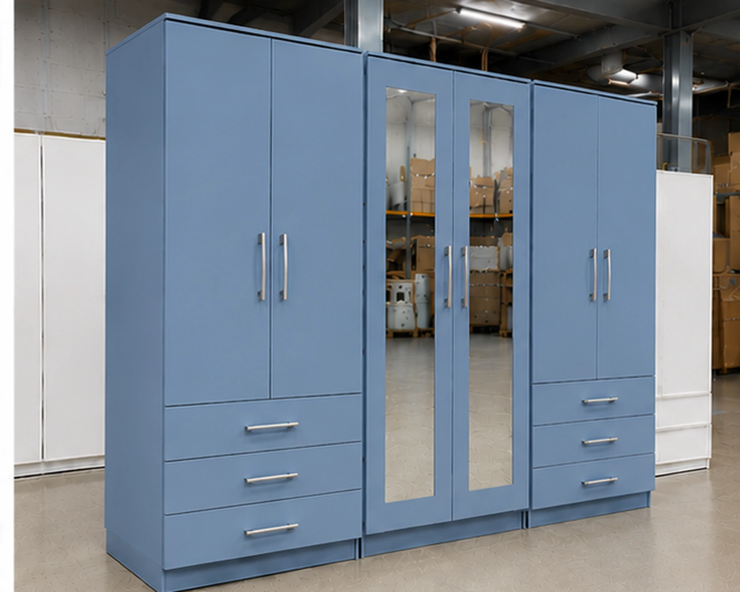 Large Blue Bedroom Wardrobe with Central Mirror Doors 6 Door Blue Wooden Wardrobe with 6 Drawers & 2 Mirrors – Modern Bedroom Storage Cabinet - Image 1