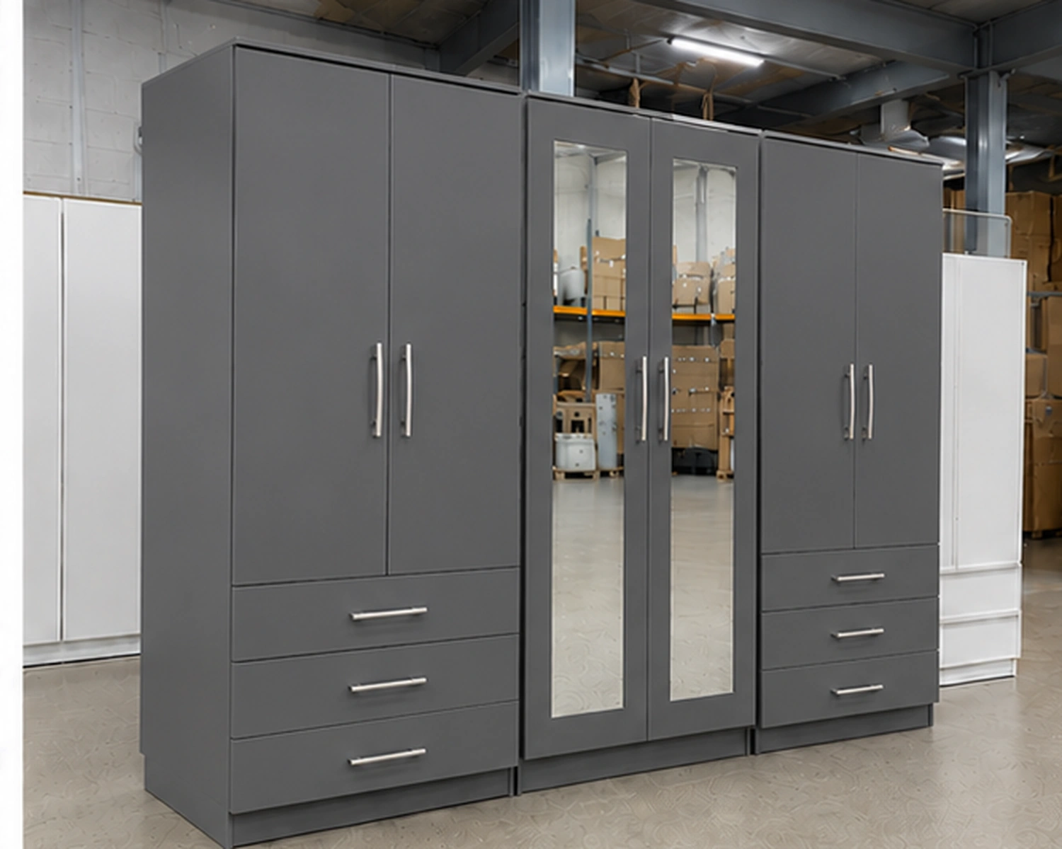 Large Dark Gray Bedroom Wardrobe with Central Mirror Doors 6 Door Light Grey Wooden Wardrobe with 6 Drawers & 2 Mirrors – Modern Bedroom Storage Cabinet - Image 1