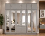 Elegant Dove Grey 6 Door Wardrobe – Spacious Mirrored Design with Drawer Unit
