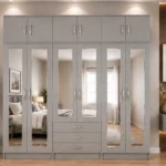Elegant Dove Grey 6 Door Wardrobe – Spacious Mirrored Design with Drawer Unit
