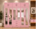 Soft Pink Bedroom Wardrobe – Modern 6 Door Mirrored Storage Design