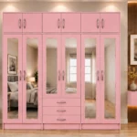 Soft Pink Bedroom Wardrobe – Modern 6 Door Mirrored Storage Design