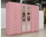 Modern 6 Door Pink Wardrobe with 6 Drawers & Double Mirrors  –  Stylish Bedroom Storage