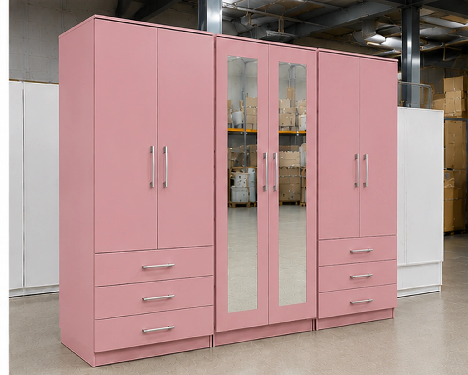 Large Pink Bedroom Wardrobe with Central Mirror Doors Modern 6 Door Pink Wardrobe with 6 Drawers & Double Mirrors – Stylish Bedroom Storage - Image 1
