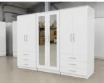 Modern 6 Door White Wardrobe with 6 Drawers & Double Mirrors –  Stylish Bedroom Storage - Image 3
