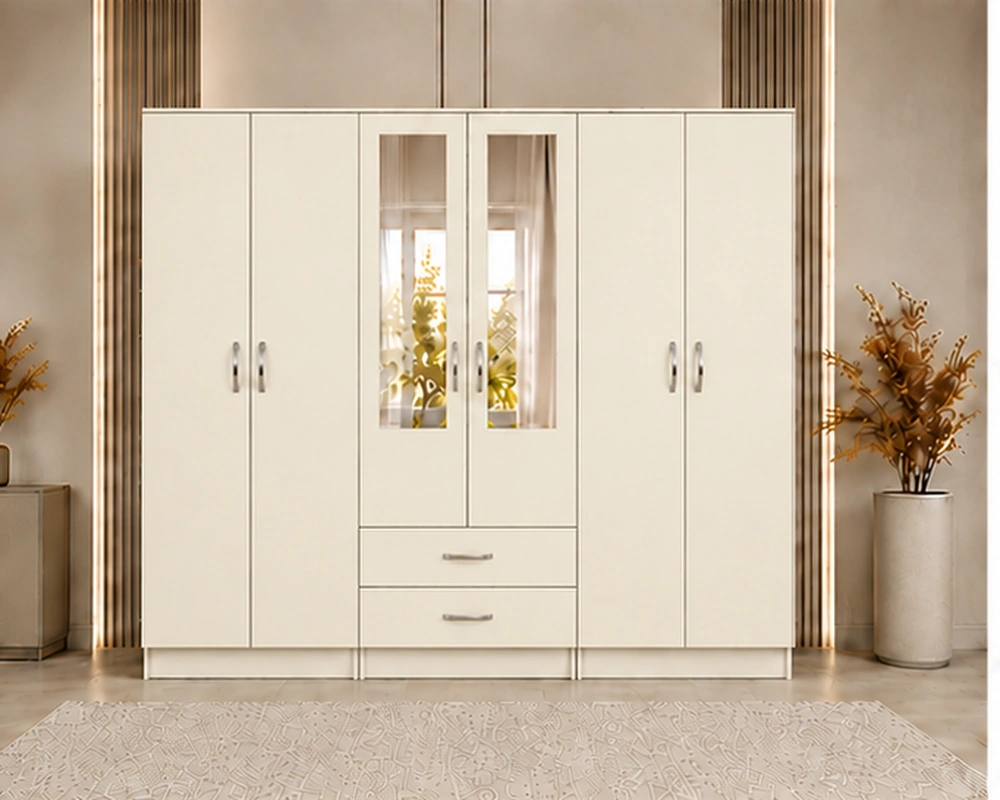 Luxury 6 Door Storage Wardrobe with Full-Length Mirror Panels Luxury Bedroom Storage Wardrobe with Six Doors and Center Mirrors - Image 1