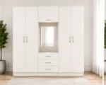 Cream White Mirrored Wardrobe – Six Door Design with Elegant Drawers