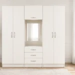 Cream White Mirrored Wardrobe – Six Door Design with Elegant Drawers