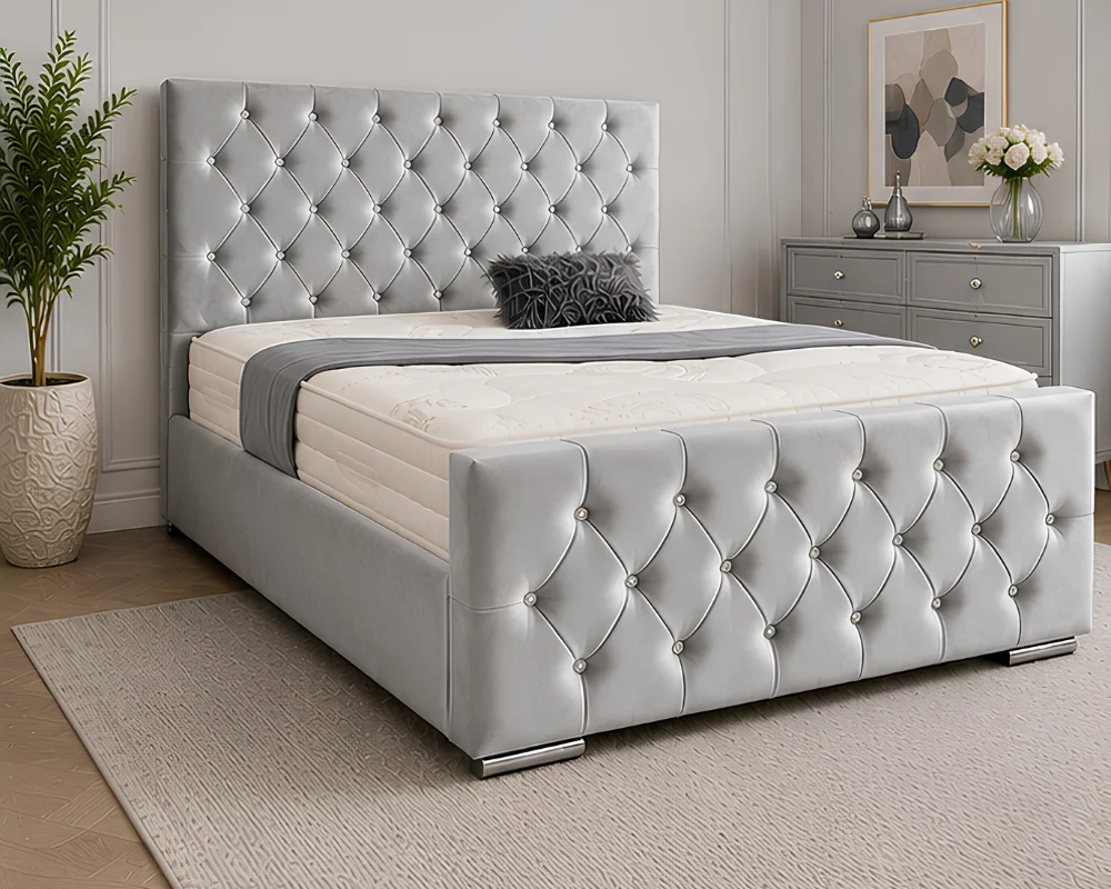 Luxury Bedroom Bed with Silver Headboard Contemporary Light Silver Florida King Bed – 5ft 180 × 200 cm Stylish Tufted Design - Image 1