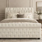 Premium White Upholstered Double Sleigh Bed with Headboard - Luxury Double Bed