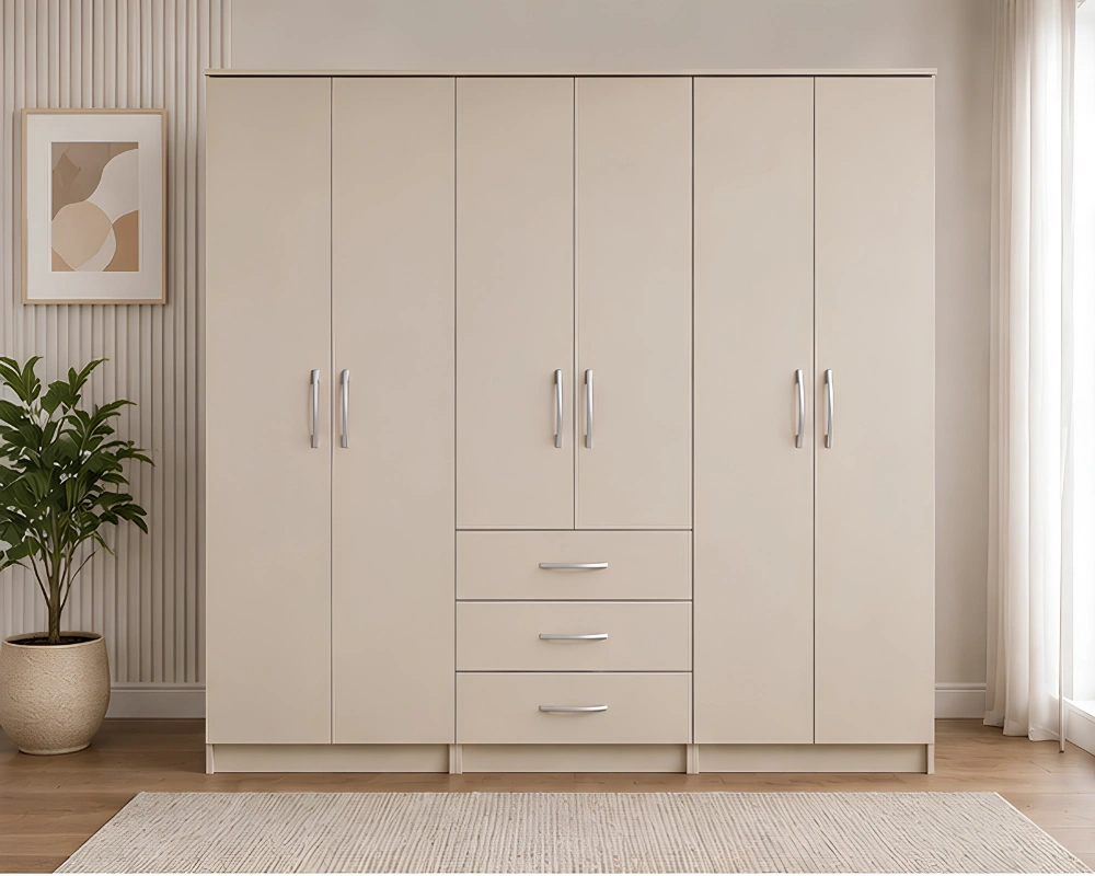 Luxury Beige 6 Door Wardrobe with Multiple Drawers Elegant Bedroom Wardrobe with 6 Doors Organised Storage with Three Drawers - Image 1