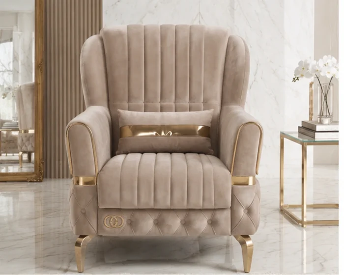 Luxury Vertical Channel Armchair – Gold Accent Velvet Chair