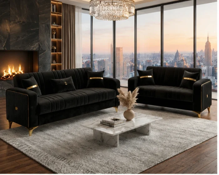 Luxury Black Velvet Sofa Set – Modern Gold Accent Sofa - Premium Plush Velvet Upholstery