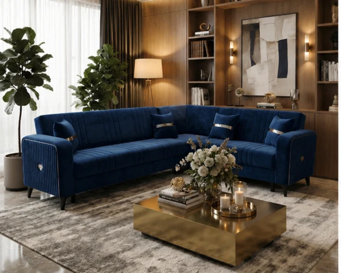 Luxury Navy Blue L-Shaped Sofa – Premium Velvet Corner Sofa