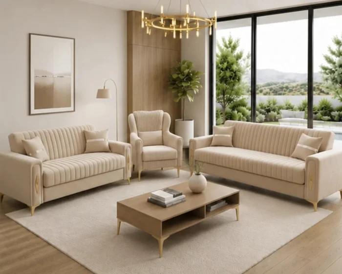 Luxury Turkish Sofa Set – Cream 3+2+1 Sofa Set with Gold Accents