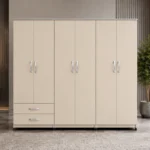 Luxury Off-White Wardrobe with 6 Doors & Drawers – Contemporary Bedroom Design