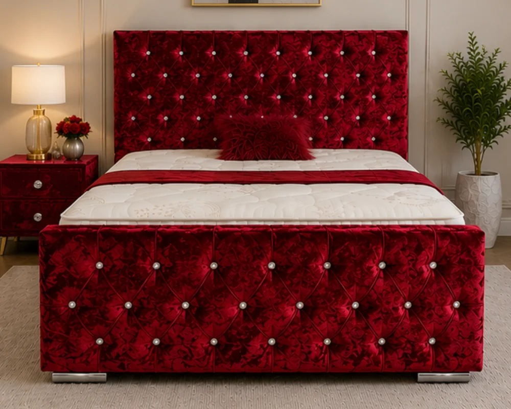 Luxury Red Velvet Bed with Headboard and Footboard Burgundy Red Velvet Bed Frame – Elegant Tufted Upholstered Bed with Headboard & Footboard - Image 1