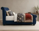 Designer Blue Upholstered Sleigh Double Bed - Premium Bed Frame - Image 3