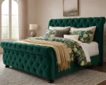 Emerald Green Luxury Sleigh Double Bed Frame 4ft6 - Upholstered Velvet Bed - Luxury Sleigh Bed 140 × 190 cm - Image 2
